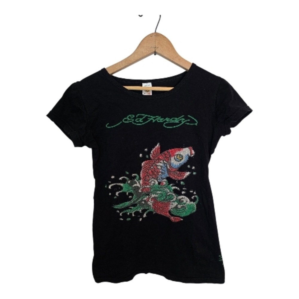 Y2K Vintage Ed Hardy Black Tee with Koi Size M Juniors